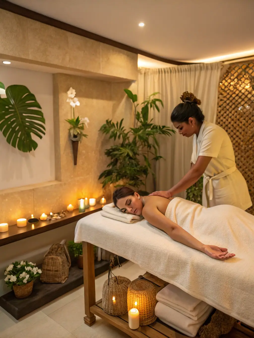A serene setting with a massage table and calming decor, showcasing the relaxing atmosphere of RelaxZone. The image should evoke feelings of tranquility and relaxation.