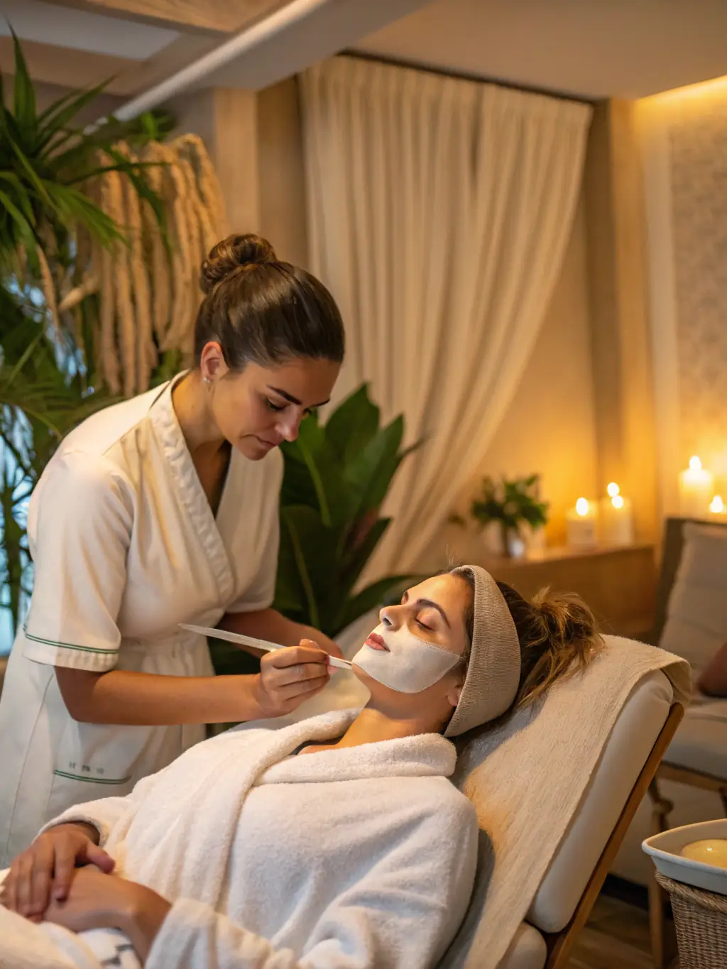 A close-up of a client receiving a facial treatment, highlighting the soothing products and expert care. The image should convey a sense of luxury and rejuvenation.