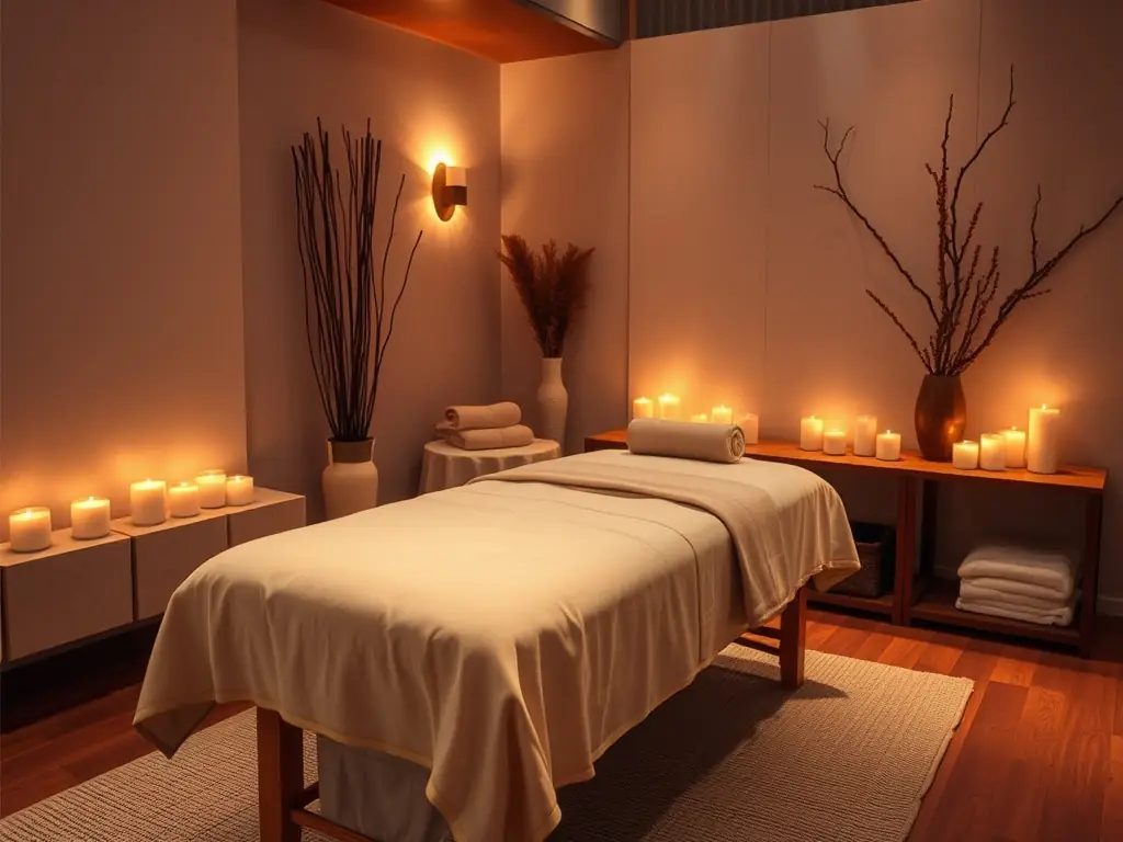 A serene spa room with soft lighting, aromatherapy diffusers, and a massage table prepared for a full body massage. The scene should evoke relaxation and tranquility.