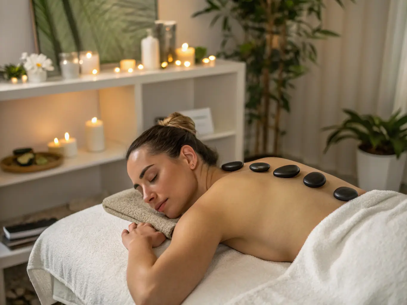 A person enjoying a hot stone massage, with smooth, heated stones placed on their back. The image should convey warmth, comfort, and therapeutic benefits.